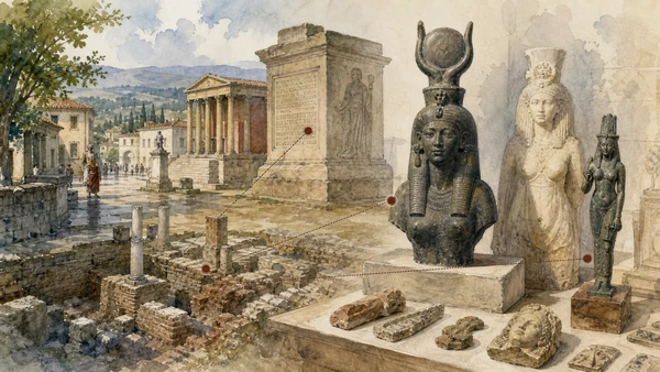 Original documentary watercolour of Benevento and Isis: Egyptian cult within a Roman crossroads in Campania, showing accurate heritage, terrain and present-day use