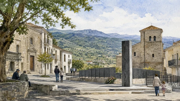Original documentary watercolour of The 1980 earthquake: towns, reconstruction and memory in Campania, showing accurate heritage, terrain and present-day use