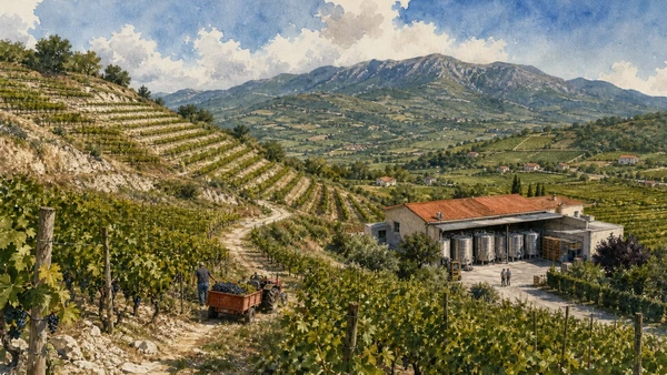 Original documentary watercolour of Irpinia wine landscape: altitude, soils and working agriculture in Campania, showing accurate heritage, terrain and present-day use