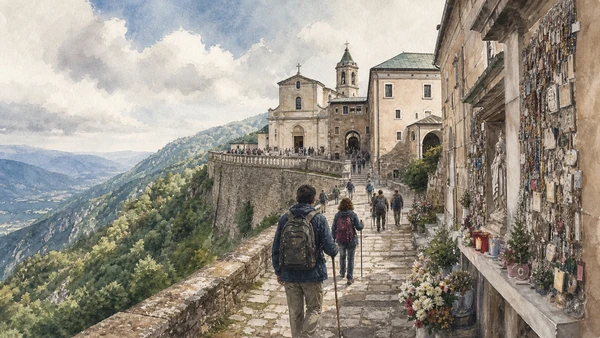 Original documentary watercolour of Montevergine: pilgrimage monastery above Irpinia in Campania, showing accurate heritage, terrain and present-day use