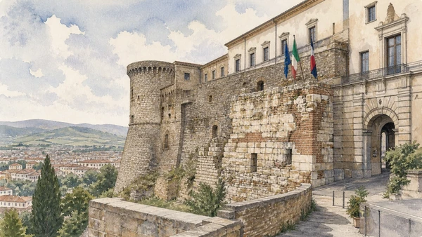 Original documentary watercolour of Rocca dei Rettori: fortress, government and reused masonry in Campania, showing accurate heritage, terrain and present-day use