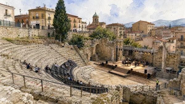 Original documentary watercolour of Roman Theatre of Benevento: performance within the modern city in Campania, showing accurate heritage, terrain and present-day use