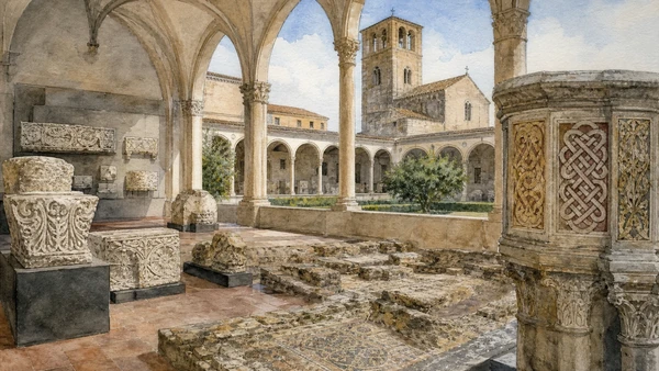 Original documentary watercolour of Museo del Sannio: archaeology, Lombard art and civic collections in Campania, showing accurate heritage, terrain and present-day use
