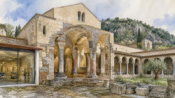 Original documentary watercolour of Santa Sofia: Lombard church and UNESCO complex in Campania, showing accurate heritage, terrain and present-day use