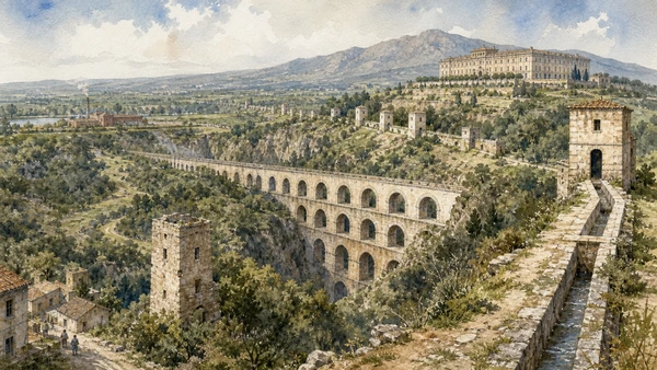 Original documentary watercolour of Caroline Aqueduct: 38 kilometres of royal hydraulics in Campania, showing accurate heritage, terrain and present-day use