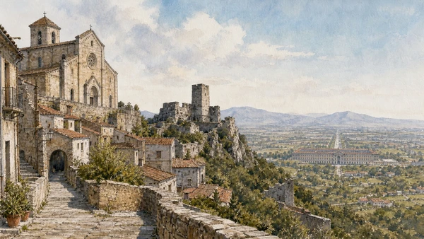 Original documentary watercolour of Casertavecchia: the older hill town beyond the royal project in Campania, showing accurate heritage, terrain and present-day use