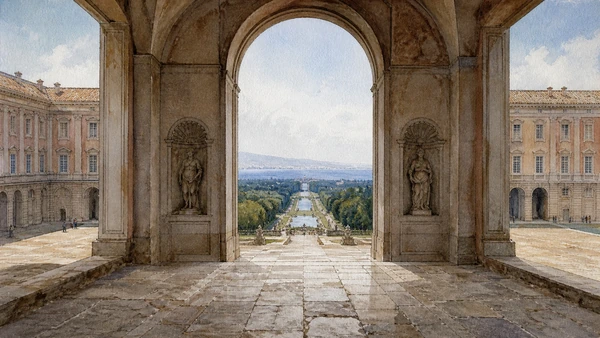 Original documentary watercolour of Courtyards and telescope: architecture as controlled sight in Campania, showing accurate heritage, terrain and present-day use