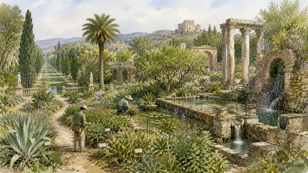 Original documentary watercolour of English Garden: experiment, collection and designed irregularity in Campania, showing accurate heritage, terrain and present-day use