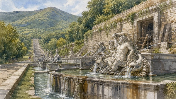Original documentary watercolour of Fountains and cascade: mythology powered by gravity in Campania, showing accurate heritage, terrain and present-day use