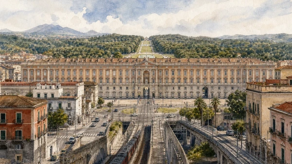 Original documentary watercolour of The Reggia approach: city, forecourt and royal scale in Campania, showing accurate heritage, terrain and present-day use