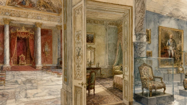 Original documentary watercolour of Royal Apartments: Bourbon, French and later rooms in Campania, showing accurate heritage, terrain and present-day use