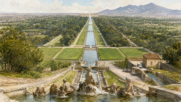 Original documentary watercolour of Royal Park: one long engineered perspective in Campania, showing accurate heritage, terrain and present-day use