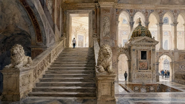 Original documentary watercolour of Royal Staircase and Palatine Chapel: ascent and worship in Campania, showing accurate heritage, terrain and present-day use