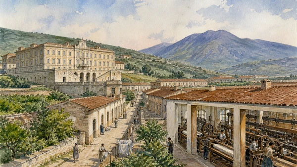 Original documentary watercolour of San Leucio Belvedere: royal industry and social experiment in Campania, showing accurate heritage, terrain and present-day use
