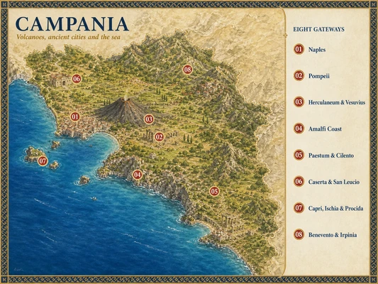 Illustrated map of Campania with eight numbered Merlintravel gateways