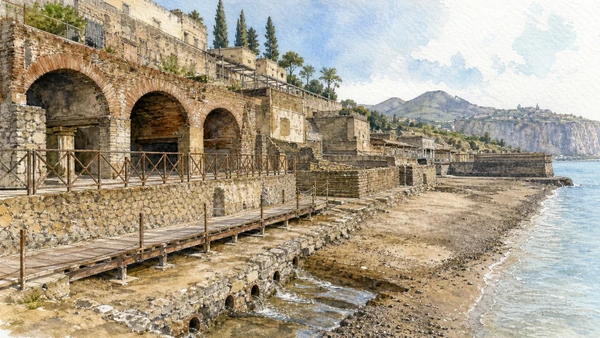 Original documentary watercolour of The ancient beach: shoreline, shelters and victims in Campania, showing accurate heritage, terrain and present-day use