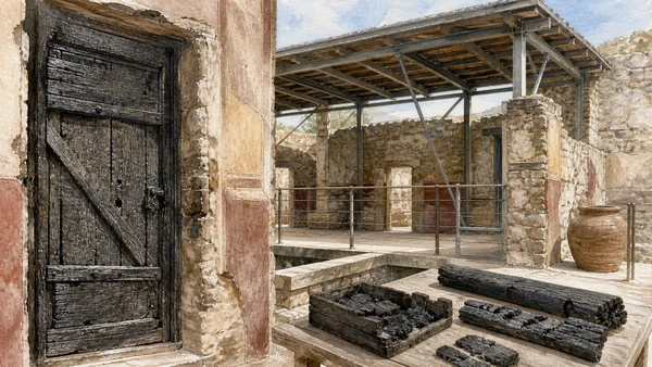 Original documentary watercolour of Carbonised wood: doors, roofs and furniture in Campania, showing accurate heritage, terrain and present-day use