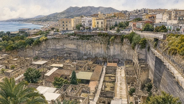 Original documentary watercolour of Herculaneum from above: ancient town below modern Ercolano in Campania, showing accurate heritage, terrain and present-day use