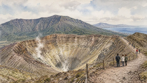 Original documentary watercolour of Gran Cono: authorised crater access in Campania, showing accurate heritage, terrain and present-day use