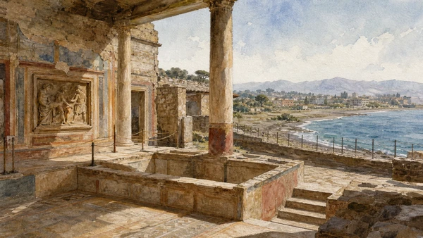 Original documentary watercolour of House of the Relief of Telephus: elite architecture at the coast in Campania, showing accurate heritage, terrain and present-day use