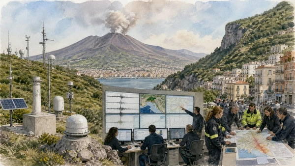 Original documentary watercolour of Monitoring and risk: living beside an active volcano in Campania, showing accurate heritage, terrain and present-day use