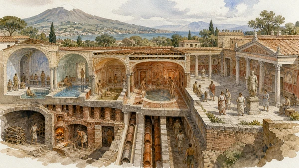 Original documentary watercolour of Baths and Augustales: public service and civic status in Campania, showing accurate heritage, terrain and present-day use