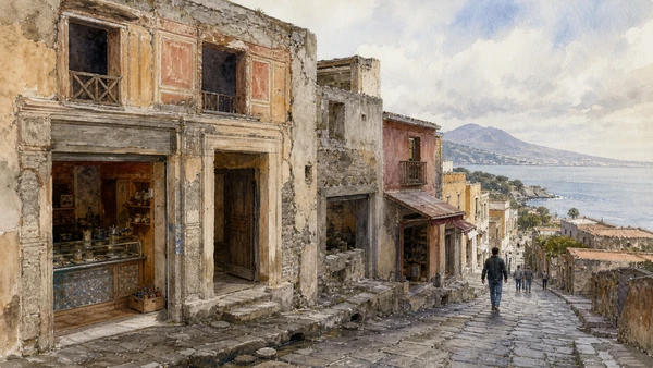 Original documentary watercolour of Streets and houses: a compact coastal town in Campania, showing accurate heritage, terrain and present-day use
