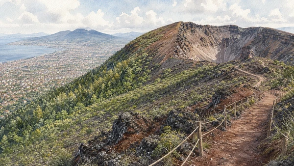 Original documentary watercolour of Vesuvius National Park: volcano as protected landscape in Campania, showing accurate heritage, terrain and present-day use