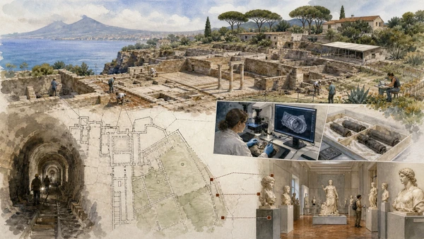 Original documentary watercolour of Villa of the Papyri: an elite estate still partly underground in Campania, showing accurate heritage, terrain and present-day use