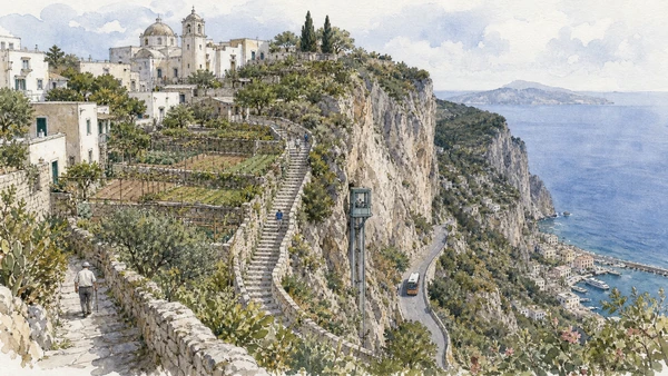 Original documentary watercolour of Anacapri: high settlement, stairs and separate civic life in Campania, showing accurate heritage, terrain and present-day use
