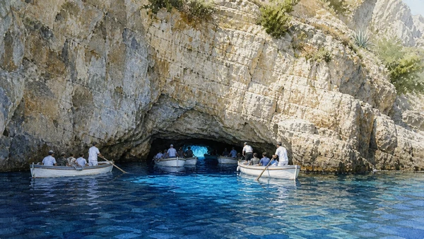 Original documentary watercolour of Blue Grotto: sea cave under strict natural limits in Campania, showing accurate heritage, terrain and present-day use