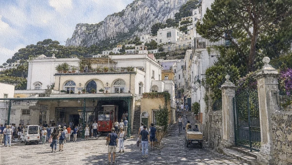 Original documentary watercolour of Capri town and the funicular threshold in Campania, showing accurate heritage, terrain and present-day use