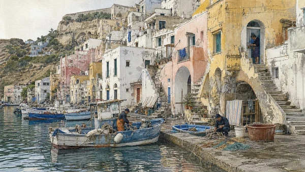 Original documentary watercolour of Marina Corricella: inhabited harbour, not a painted façade in Campania, showing accurate heritage, terrain and present-day use