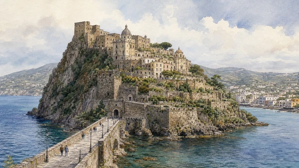 Original documentary watercolour of Castello Aragonese: fortified islet and layered settlement in Campania, showing accurate heritage, terrain and present-day use
