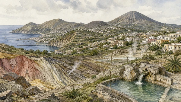 Original documentary watercolour of Ischia geology and thermal systems: heat within an active island in Campania, showing accurate heritage, terrain and present-day use