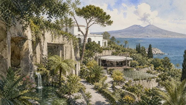 Original documentary watercolour of La Mortella: a modern garden built from rock, water and collecting in Campania, showing accurate heritage, terrain and present-day use