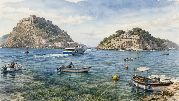 Original documentary watercolour of Regno di Nettuno and island mobility: one protected sea, many pressures in Campania, showing accurate heritage, terrain and present-day use