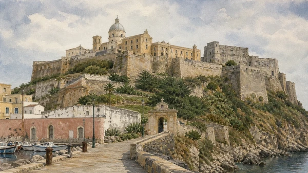 Original documentary watercolour of Terra Murata: fortified Procida on the ridge in Campania, showing accurate heritage, terrain and present-day use