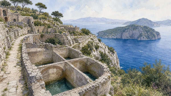 Original documentary watercolour of Villa Jovis: imperial residence above the cliffs in Campania, showing accurate heritage, terrain and present-day use