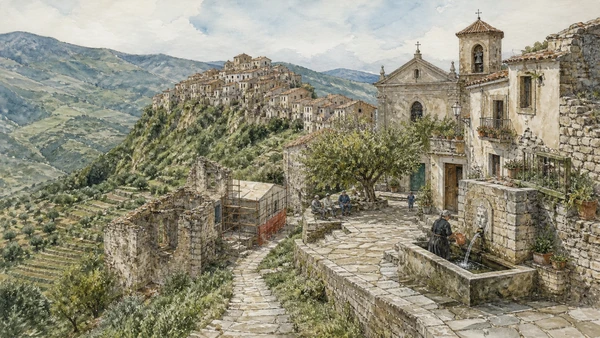 Original documentary watercolour of Cilento villages: ridges, stone and changing population in Campania, showing accurate heritage, terrain and present-day use