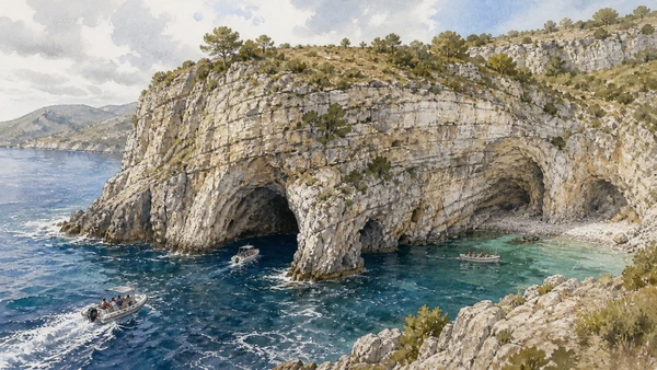 Original documentary watercolour of Palinuro and Camerota coast: cliffs, caves and controlled sea access in Campania, showing accurate heritage, terrain and present-day use