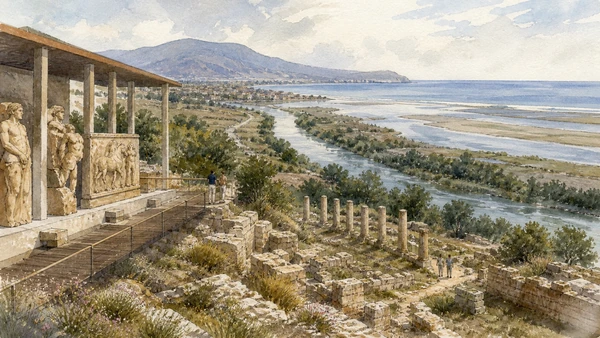 Original documentary watercolour of Heraion at the Sele: sanctuary beyond the city in Campania, showing accurate heritage, terrain and present-day use