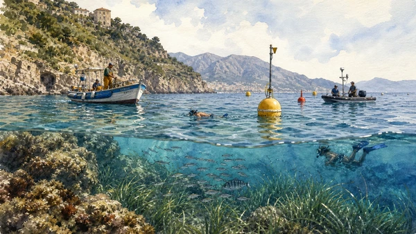 Original documentary watercolour of Marine protected areas: biodiversity under zoning in Campania, showing accurate heritage, terrain and present-day use