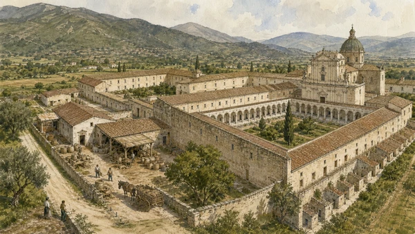 Original documentary watercolour of Certosa di Padula: monastery as a complete economy in Campania, showing accurate heritage, terrain and present-day use
