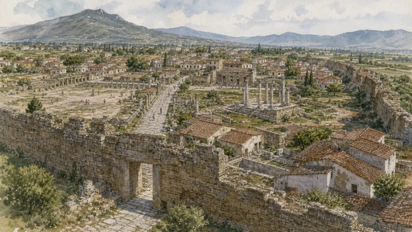 Original documentary watercolour of Paestum beyond the temples: walls, forum and houses in Campania, showing accurate heritage, terrain and present-day use