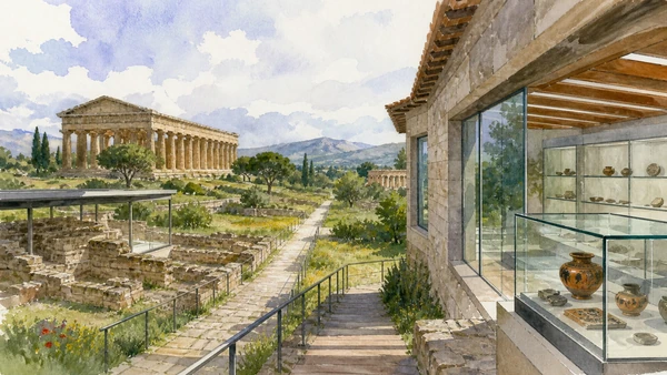 Original documentary watercolour of Paestum Museum: tomb paintings, sanctuary finds and context in Campania, showing accurate heritage, terrain and present-day use