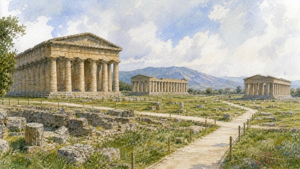 Original documentary watercolour of Paestum's temples: three monuments, different cult histories in Campania, showing accurate heritage, terrain and present-day use