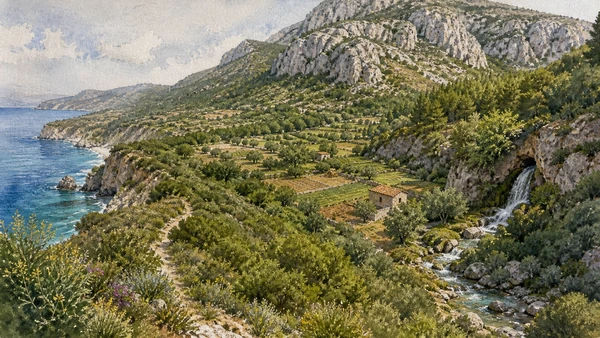 Original documentary watercolour of Cilento biodiversity: coast, rivers, forests and mountains in Campania, showing accurate heritage, terrain and present-day use