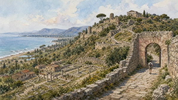 Original documentary watercolour of Velia: Greek city, philosophy and a moving shoreline in Campania, showing accurate heritage, terrain and present-day use