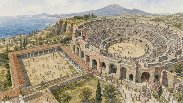 Original documentary watercolour of Amphitheatre and palaestra: mass spectacle at the edge in Campania, showing accurate heritage, terrain and present-day use